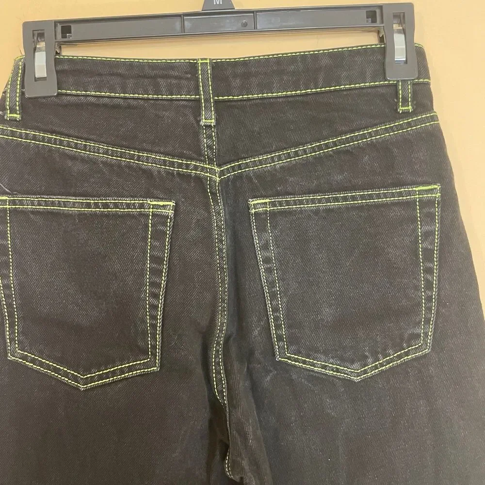Black Topshop Mom Jeans with Neon Green Stitching size 26x30